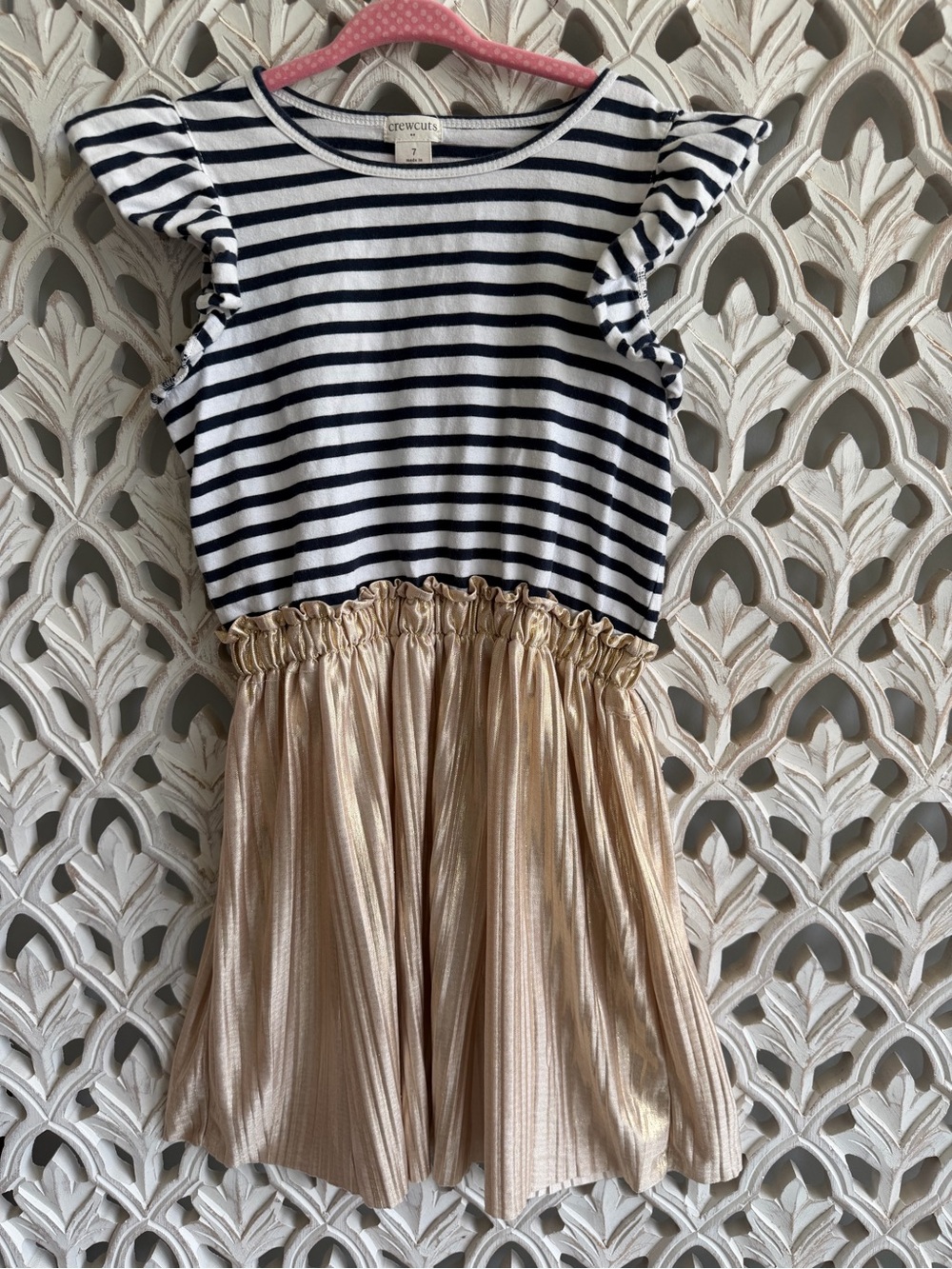 Crewcuts Navy & White Striped Top with Metallic Gold Skirt, size 7